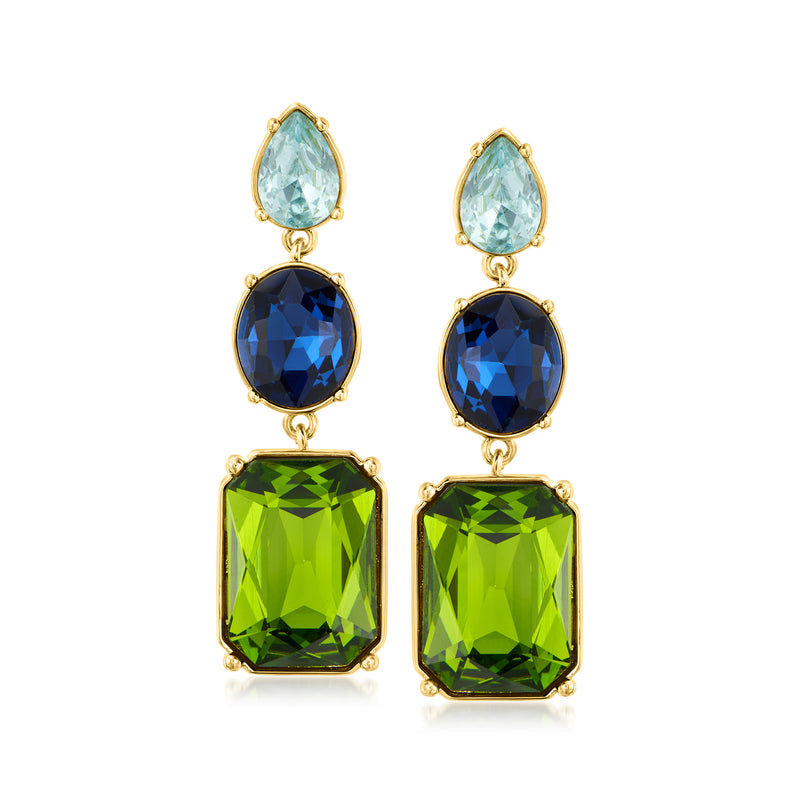 Yellow gold-plated drop earrings with light blue, dark blue, and green faceted gemstones
