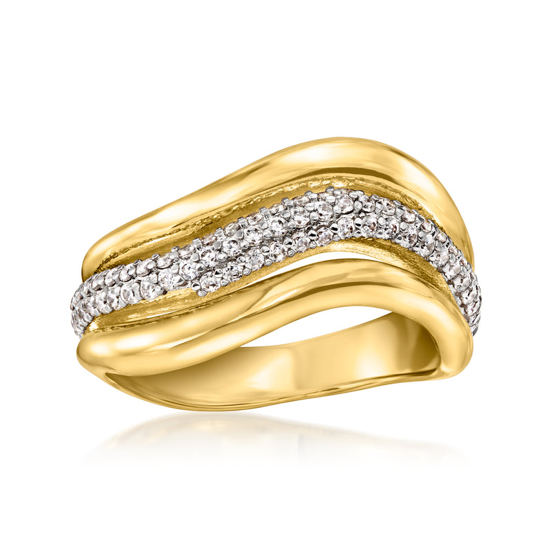 14kt yellow gold-plated wave ring with pavé CZ accents