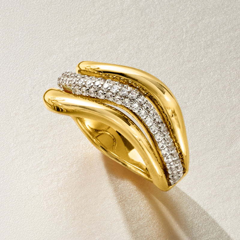 14kt yellow gold-plated wave ring with pavé CZ center