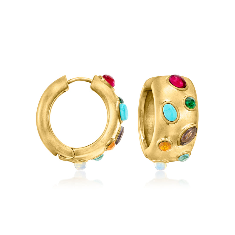 Gold-plated hoop earrings with multicolored simulated gemstones, gold-toned hoops