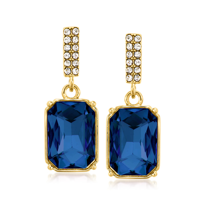 Gold drop earrings with blue square stones and clear CZ rows