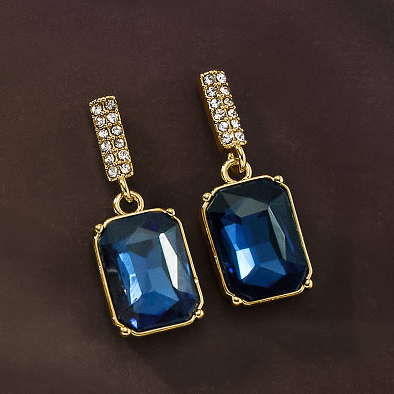 Gold drop earrings with blue square stones and clear CZ-set top links