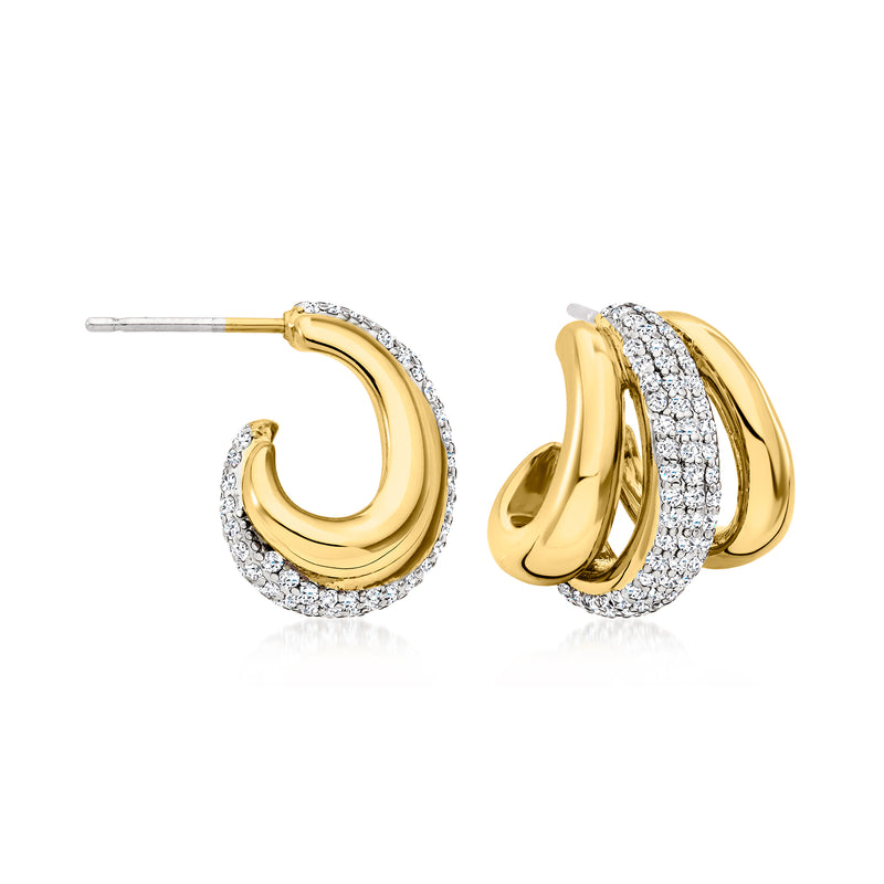 Gold-plated three-row CZ hoop earrings with post backs, yellow gold tone.