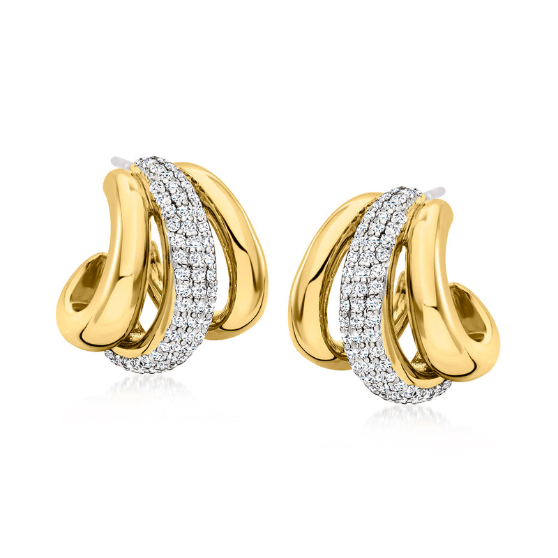 Gold-plated three-row CZ hoop earrings, yellow gold tone, glittering oval hoop design.