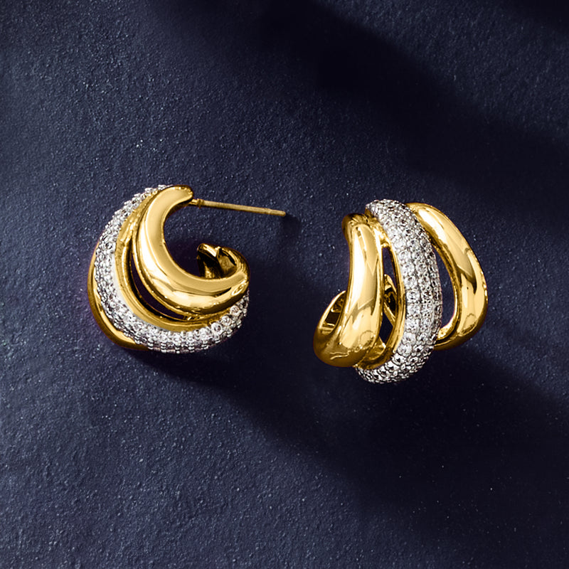 Gold-plated three-row post earrings with pavé CZ accents