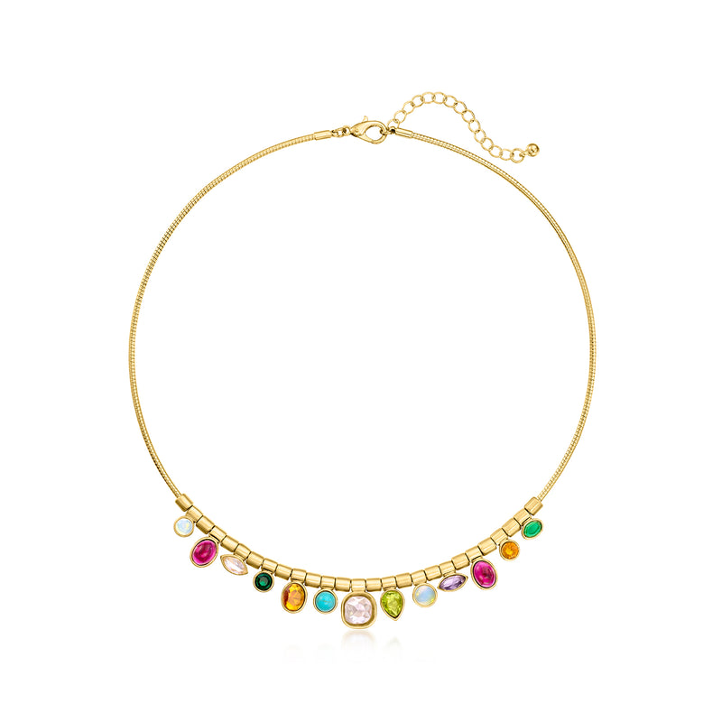 Gold-plated necklace with multi-color simulated gemstone drops and slim chain