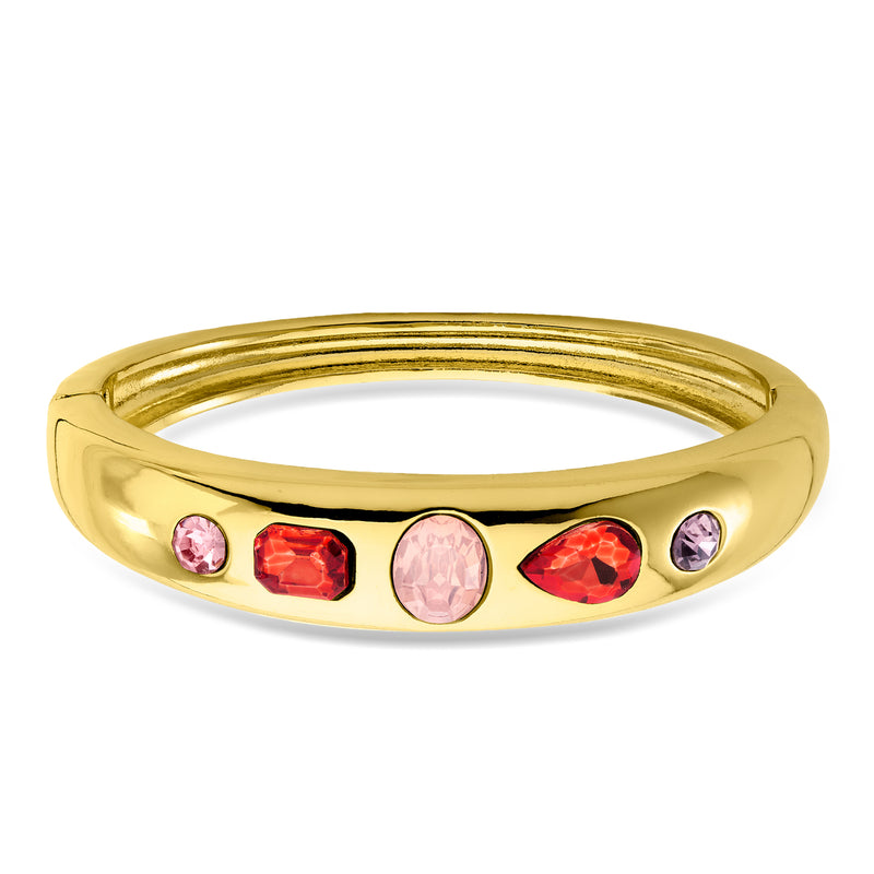Yellow gold-plated bangle bracelet with pink and red simulated gemstones