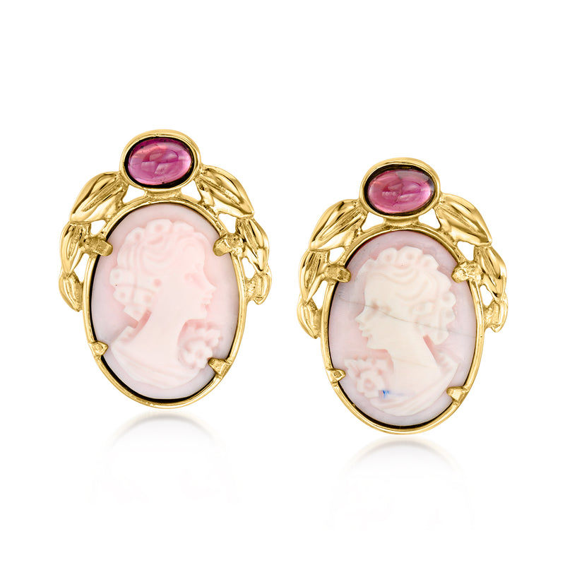 Oval cameo earrings in 14kt yellow gold with pink cabochon top and rose cameo centers