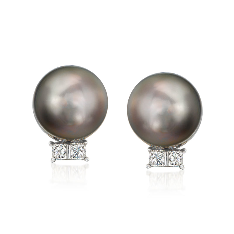 Black cultured pearl stud earrings with diamond square halo in white gold