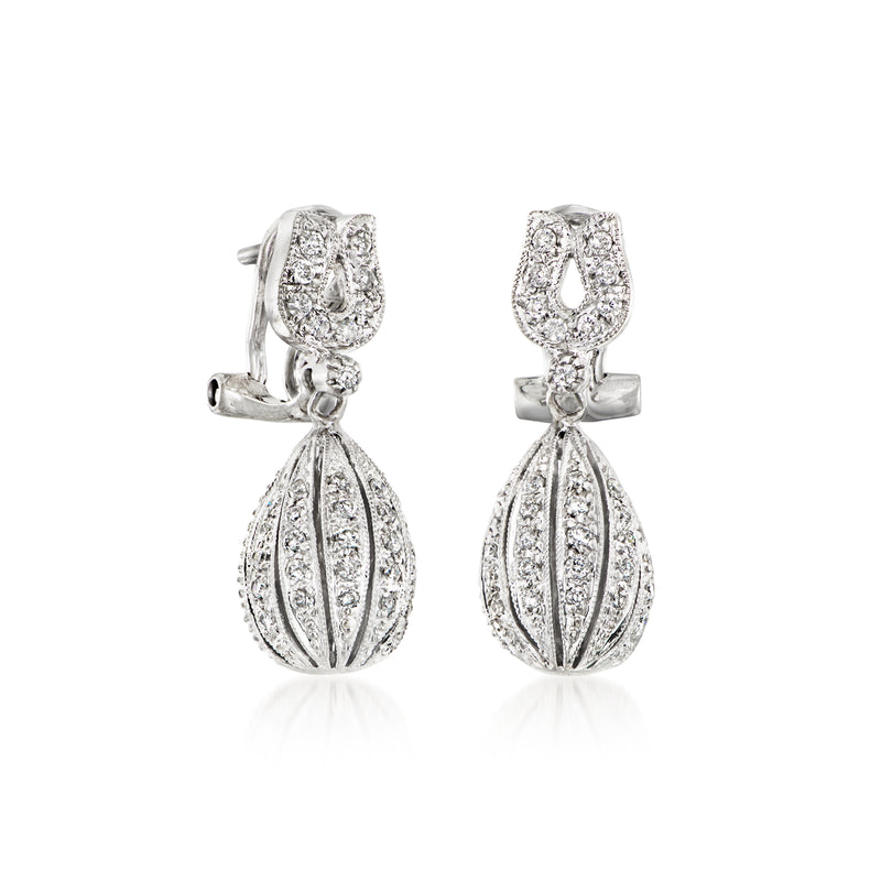 14kt white gold diamond drop earrings with clasp back and pear-shaped drop