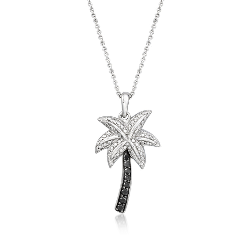 Sterling silver palm tree pendant necklace with black diamond accents on a chain