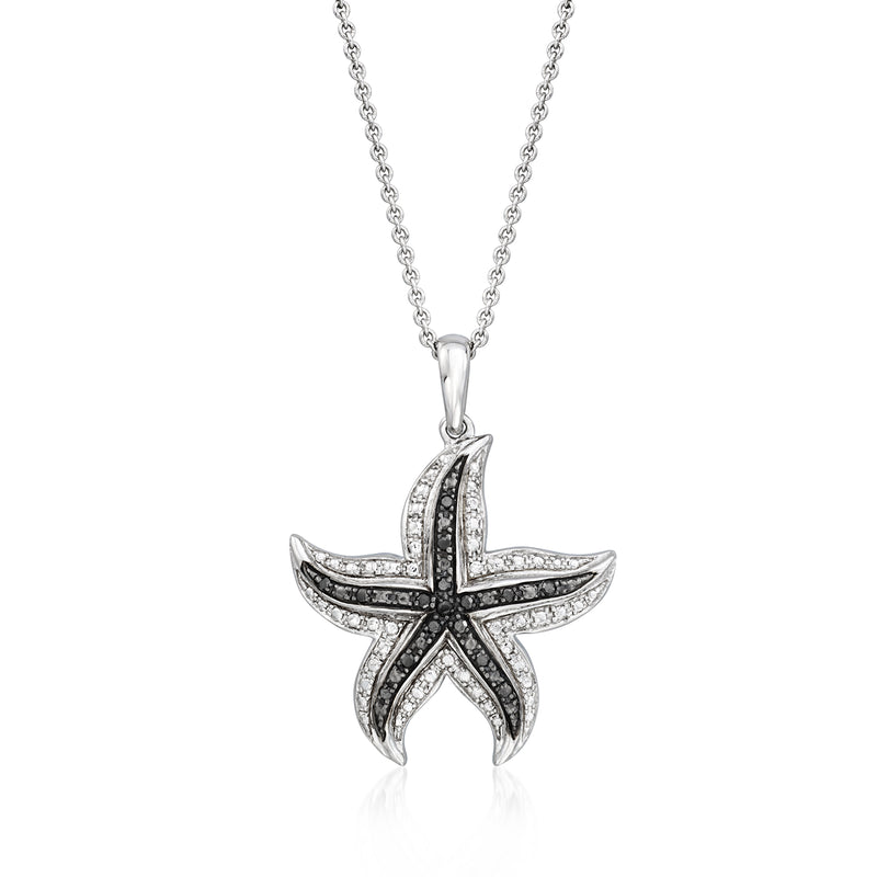 Sterling silver starfish pendant necklace with dark inlay and pave details