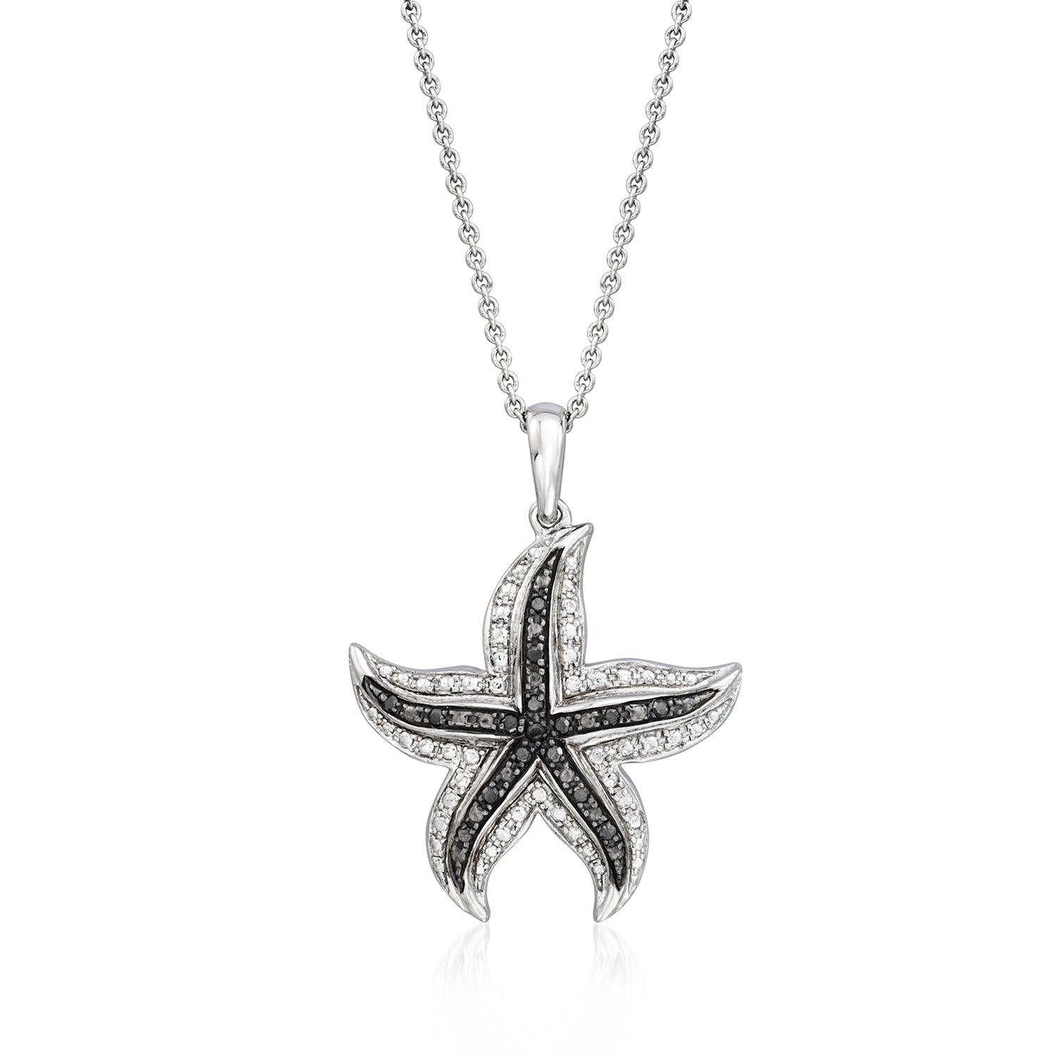 Black Diamond Starfish Pendant Necklace in Sterling Silver