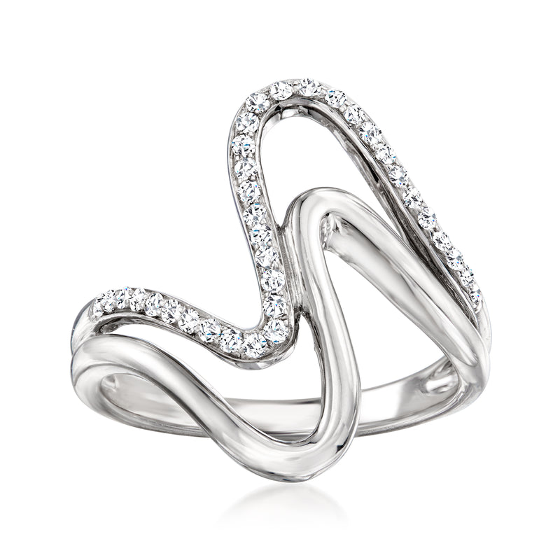 Sterling silver diamond double-wave ring with pavé-set top wave