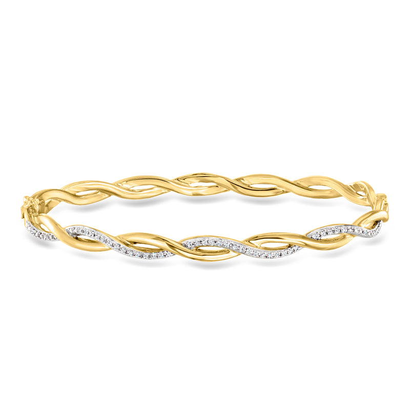 Twisted gold bangle bracelet with diamond-look pave accents