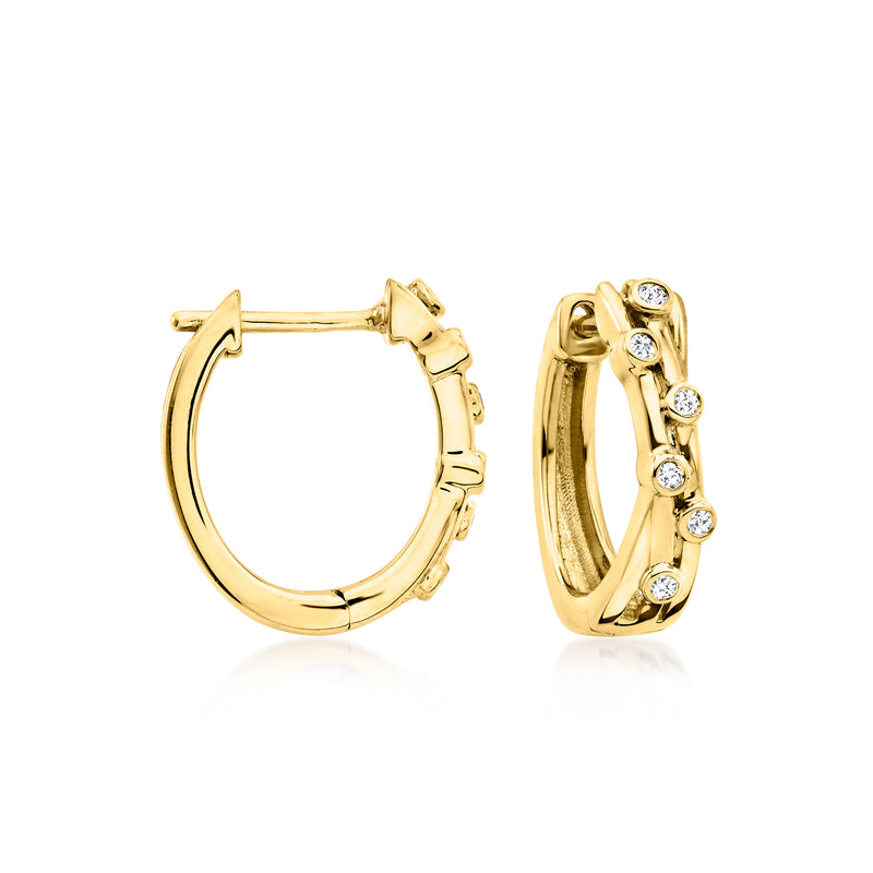 Gold hoop earrings with crisscross diamond bezel settings, hinged hoop with sparkle