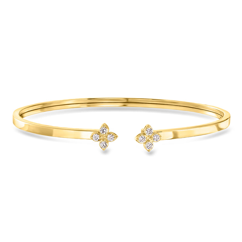 18kt yellow gold diamond flower cuff bracelet with two four-petal motifs