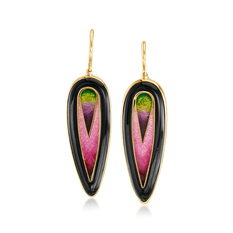 14kt yellow gold enamel drop earrings, oval black with pink and green center