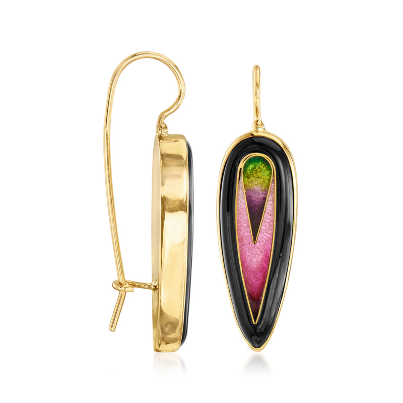 Yellow gold earwire drop earrings with oval black enamel and multicolor inlay
