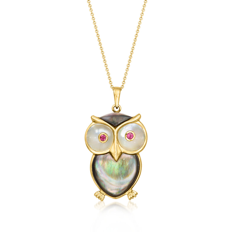 Yellow gold owl pendant necklace with mother-of-pearl eyes and pink gemstones