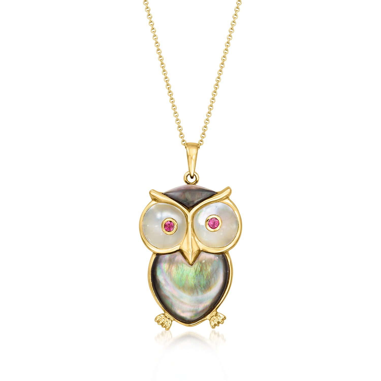 C. 1980 Vintage Multicolored Mother-of-Pearl and .14 ct. t.w. Rhodolite Garnet Owl Pendant Necklace in 14kt Yellow Gold