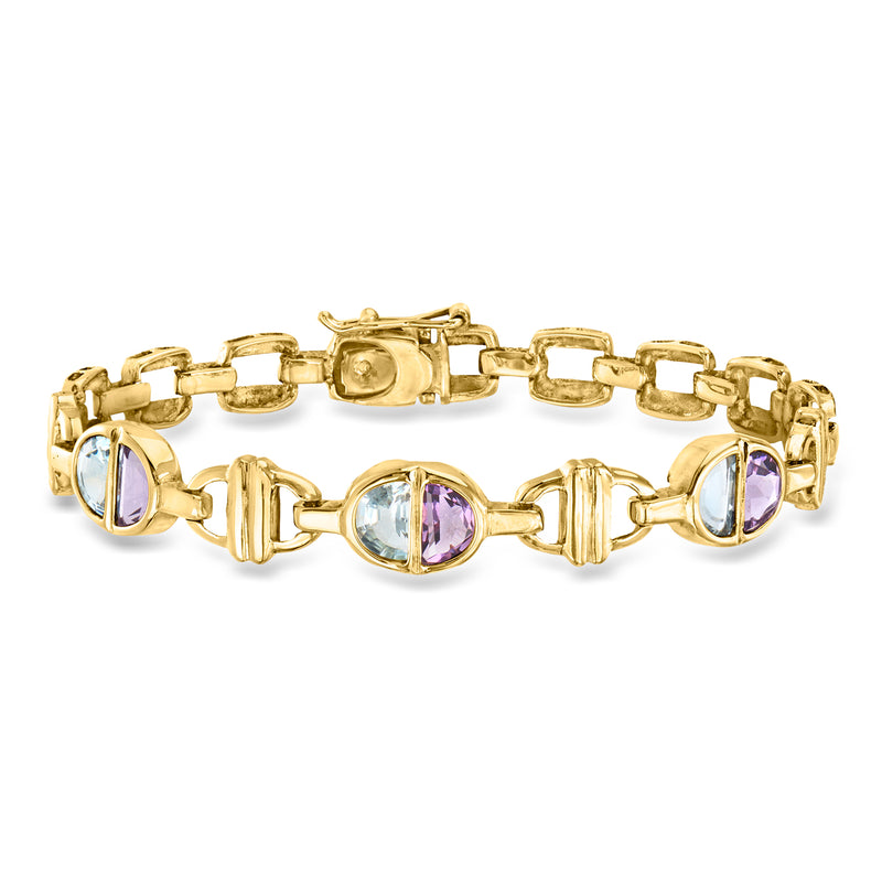 14kt yellow gold bracelet with sky blue and purple oval gemstones, link chain