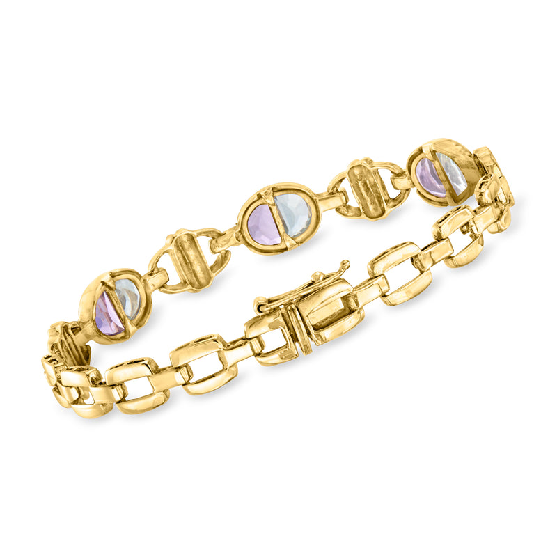 14kt yellow gold bracelet with oval sky blue and amethyst purple gemstones, clasp