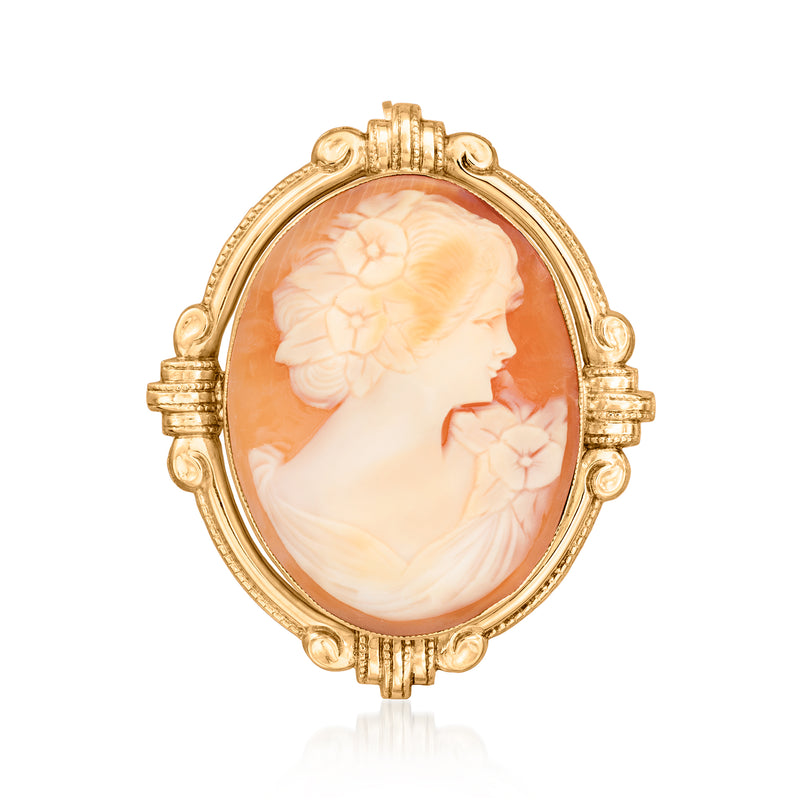Vintage orange shell cameo pin in 10kt yellow gold, oval frame with profile