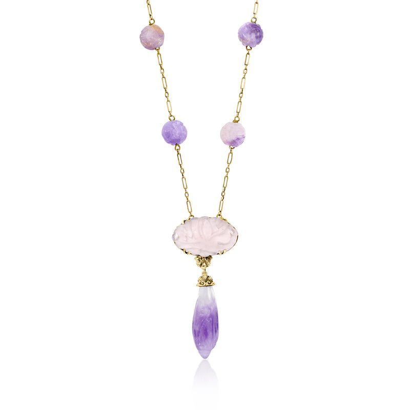 14kt yellow gold necklace with oval pink center and purple amethyst drop beads