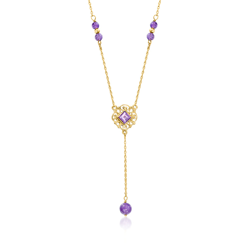 14kt yellow gold Y-necklace with purple amethyst bead drops and square halo pendant