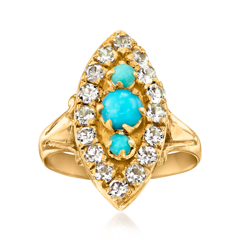 Vintage marquise turquoise and white topaz ring in 20kt yellow gold, halo stones