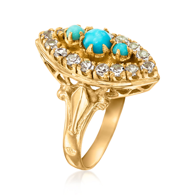 Vintage marquise turquoise and white topaz ring in 20kt yellow gold, side view