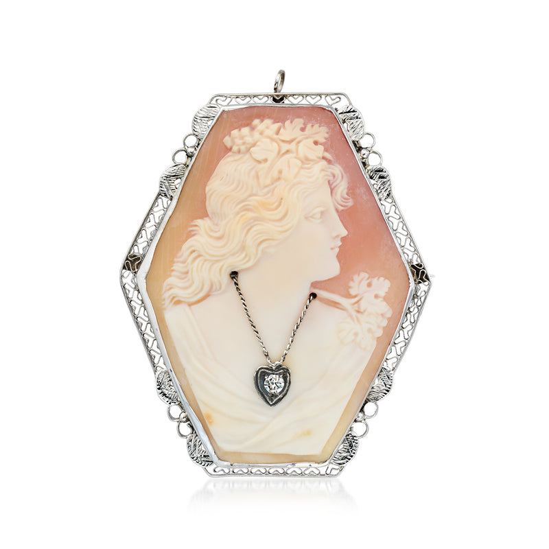 Brown shell cameo pin/pendant with ornate octagonal frame and heart-shaped stone