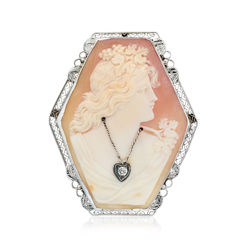 Brown shell cameo pin/pendant with profile portrait in ornate frame and heart-shaped drop
