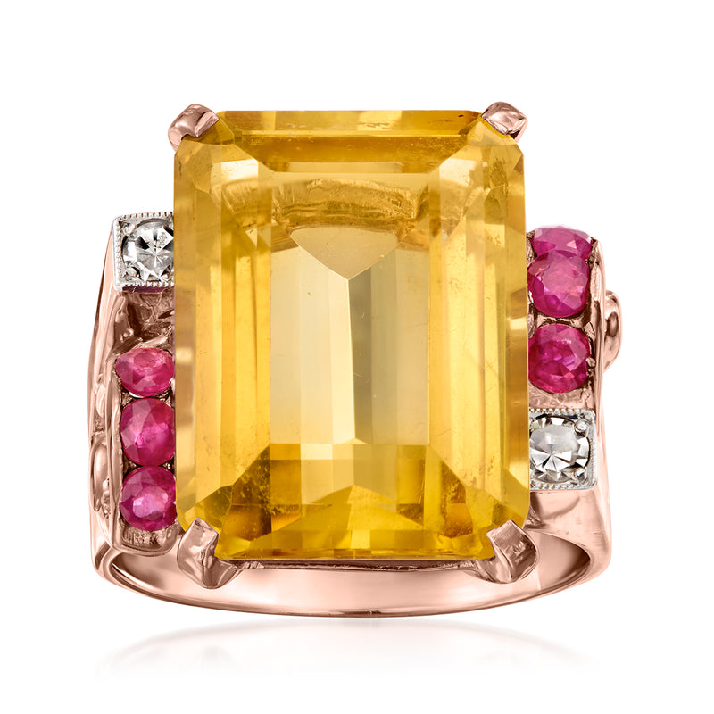 Vintage citrine ring in rose gold, large yellow citrine center with pink rubies and diamonds