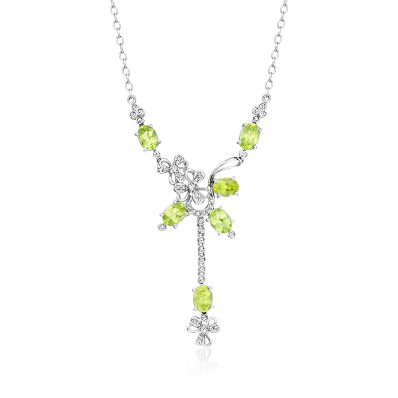14kt white gold peridot and diamond cross drop necklace with chain and dangling stones