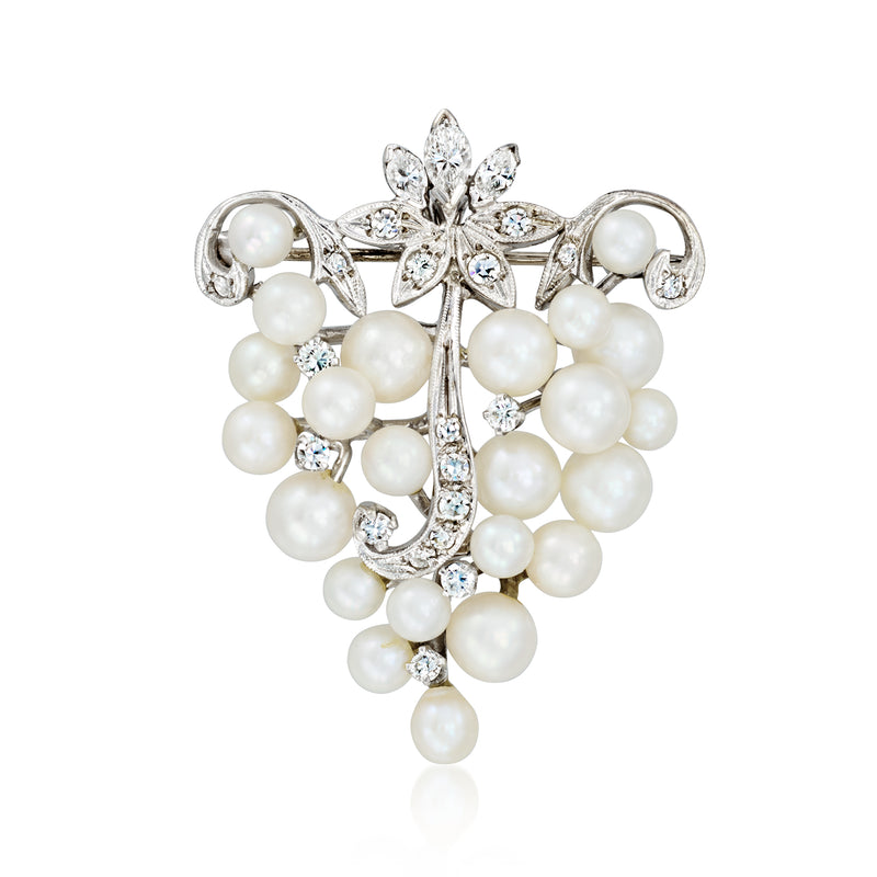 Cultured pearl and diamond pendant pin in 14kt white gold, pearl leaf cluster