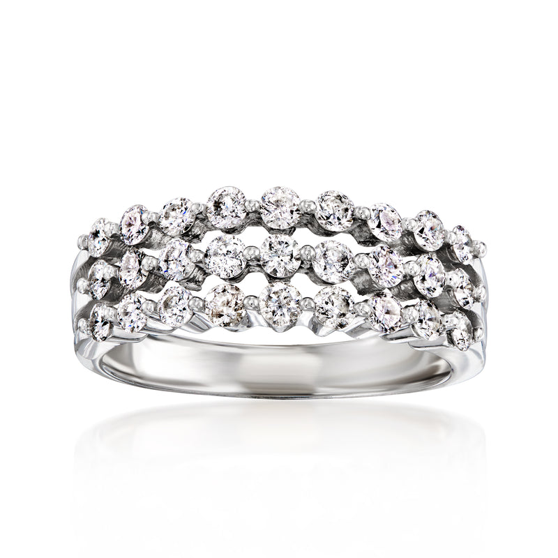Three-row diamond band ring in 14kt white gold with oval-cut stones