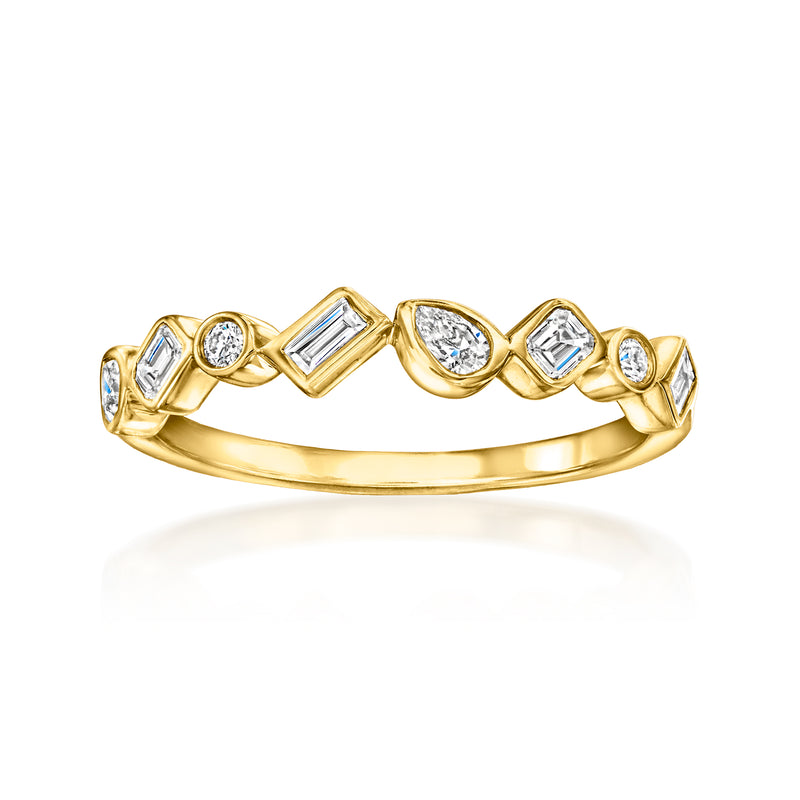 Gold band diamond ring with alternating round and square lab-grown stones