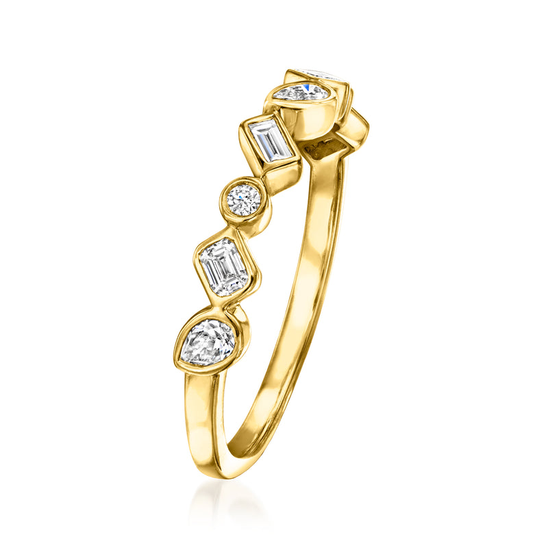 Yellow gold diamond ring with baguette and round lab-grown stones, side view