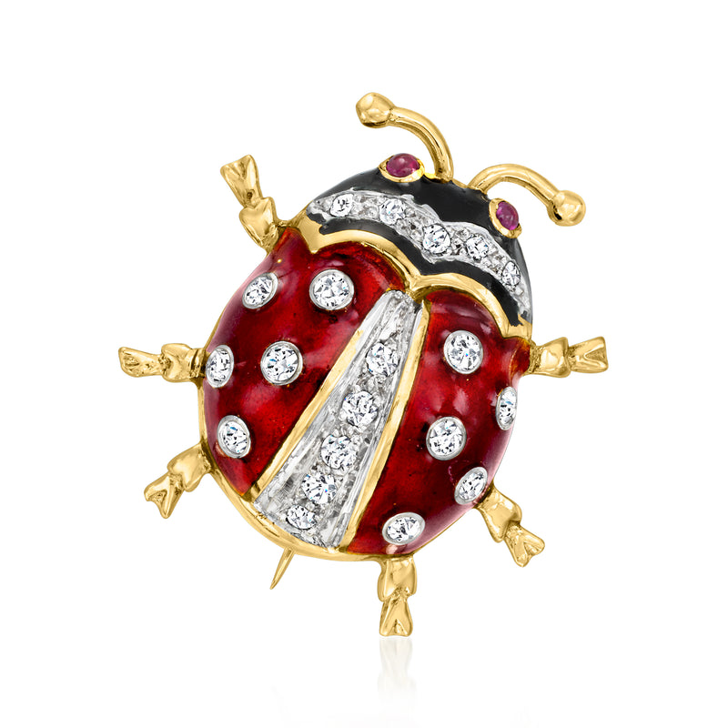 Vintage gold ladybug pin with red and black enamel, diamond accents, ruby eyes