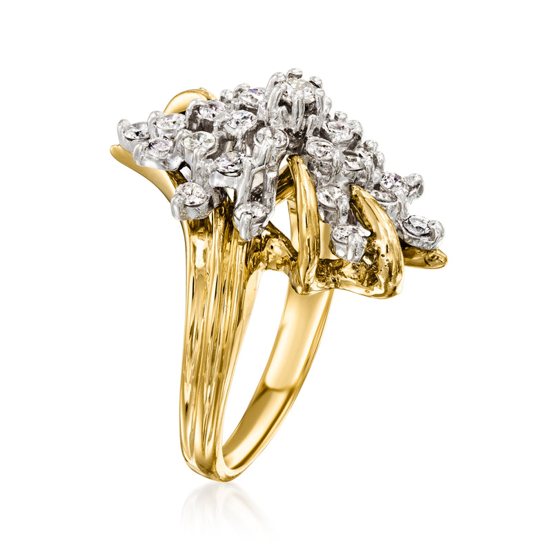 Yellow gold diamond cluster ring, side view showing prong-set round stones