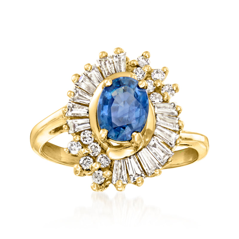 Oval blue sapphire and diamond halo ring in 14kt yellow gold, vintage style