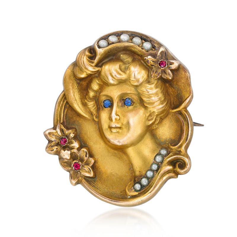 Vintage yellow gold portrait pin with blue and pink stones and seed pearls, oval