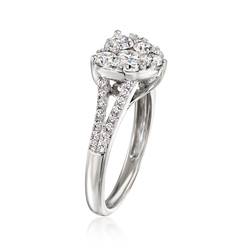 Side view of heart diamond ring in 14kt white gold with raised pave setting
