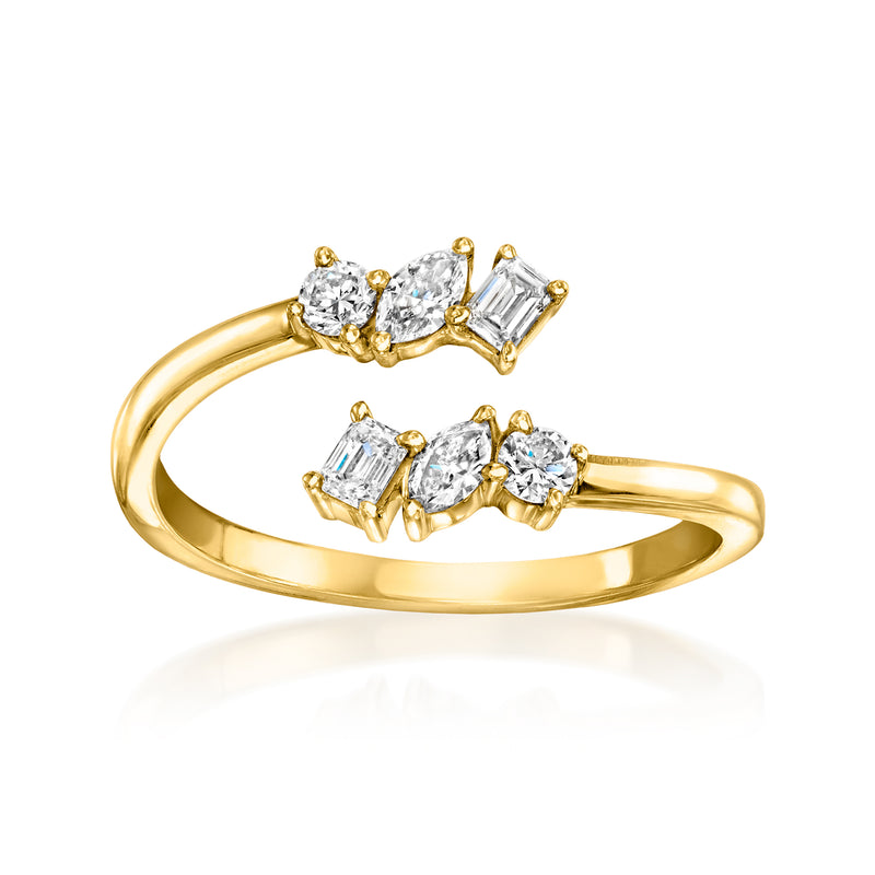 Gold bypass diamond ring with round and baguette lab-grown stones, 3-stone look