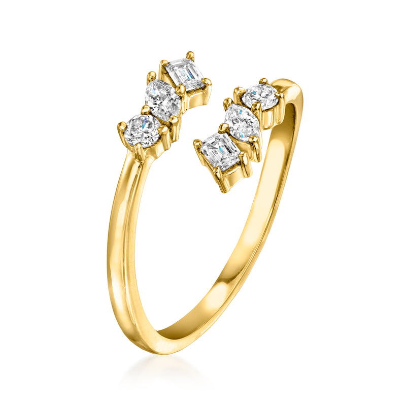 Gold bypass ring with three lab-grown diamonds in mixed round and baguette cuts