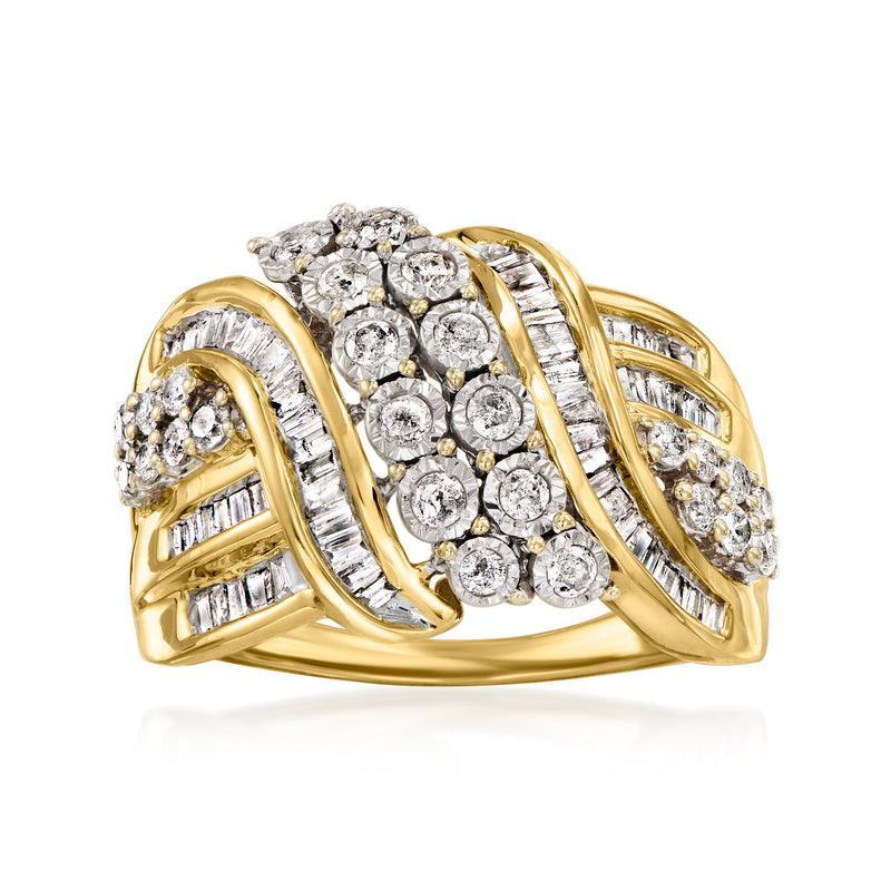 Diamond swirl ring in 10kt yellow gold with round and baguette diamonds