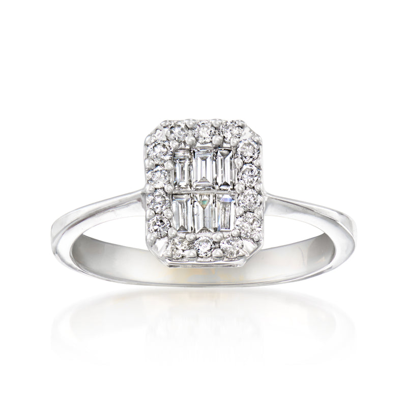 Vintage diamond cluster ring in 14kt white gold, square halo with baguette center