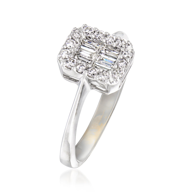 14kt white gold diamond cluster ring, angled view of baguette center and halo